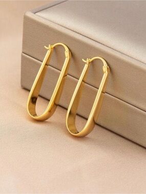Polished Gold Elongated Loop Hoop Earrings - Women Jewelry